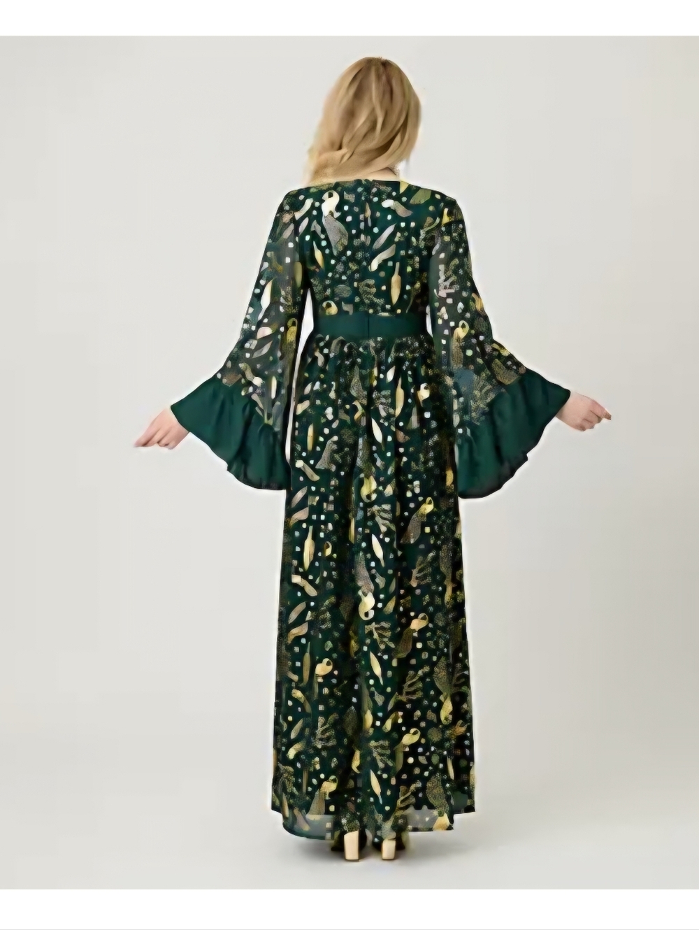 Unique Vintage Brand Green & Gold Foil Peacock Print Empire Waist Maxi Dress - Picture 8 of 9